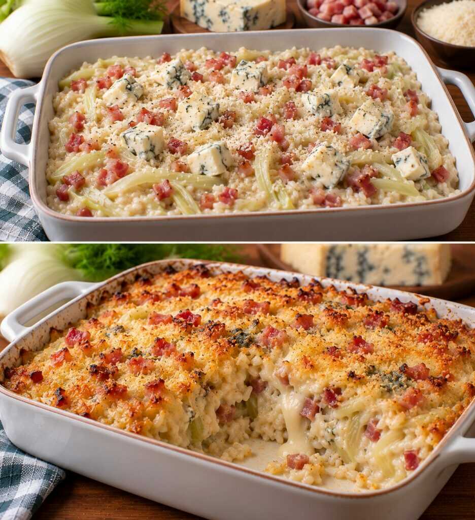 Riso al Forno con Crema di Finocchi, Pancetta e Cuore di Gorgonzola: Cremoso Dentro e Gratinato Fuori