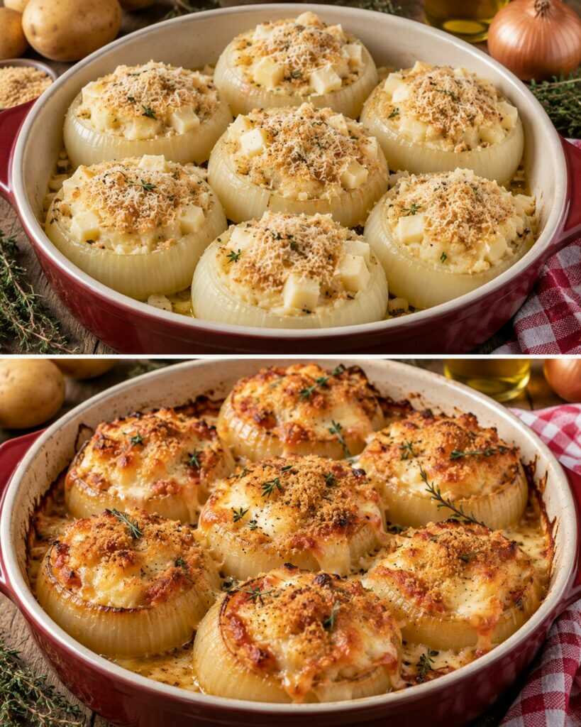Cipolle Dorate Gratinate con Crema di Patate e Scamorza