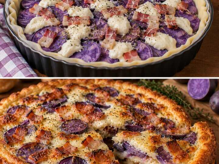 Torta Salata con Patate Viola, Stracchino e Guanciale Croccante