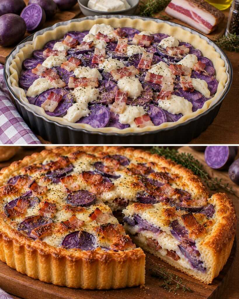 Torta Salata con Patate Viola, Stracchino e Guanciale Croccante