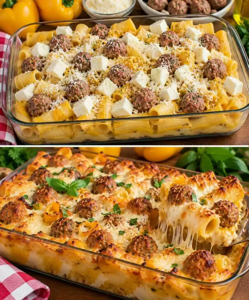Rigatoni al Forno con Crema di Peperoni Gialli, Polpettine e Mozzarella