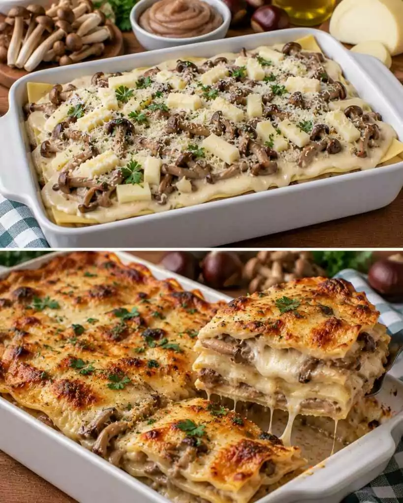 Lasagne Bianche con Funghi Chiodini, Crema di Castagne e Provola