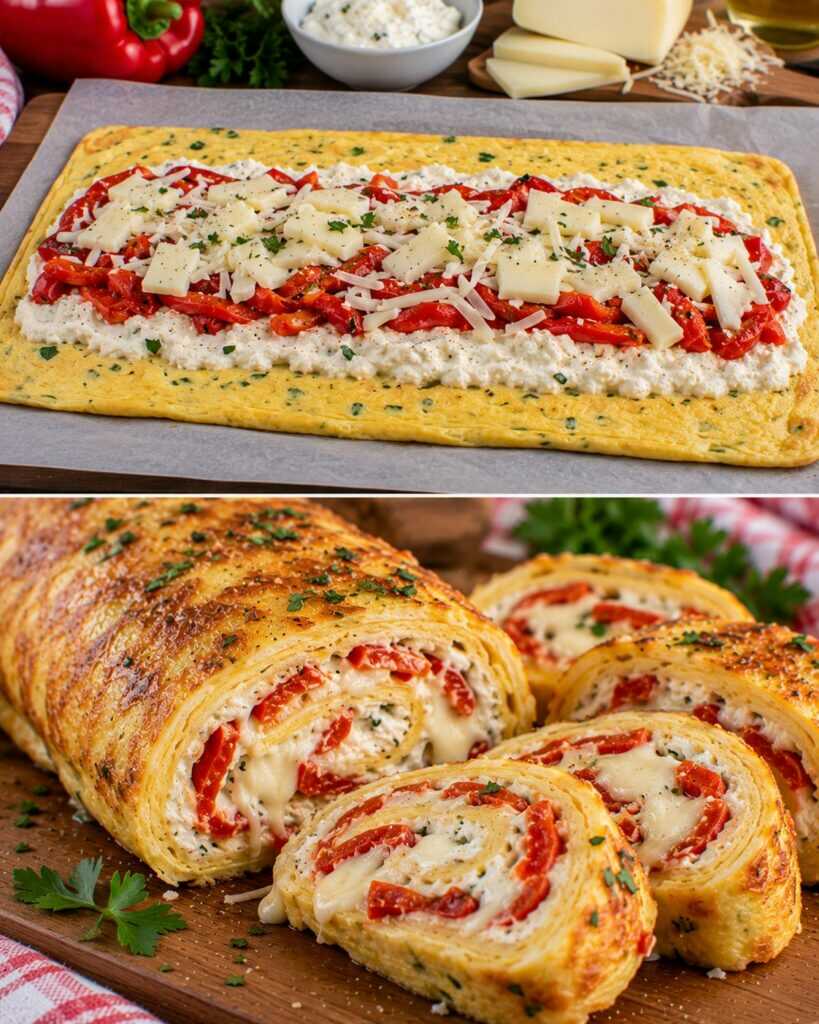 Frittata a Rotolo con Crema di Peperoni, Ricotta e Scamorza