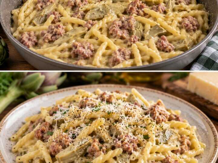 Trofie con Crema di Carciofi, Salsiccia e Pecorino