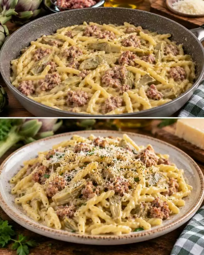 Trofie con Crema di Carciofi, Salsiccia e Pecorino