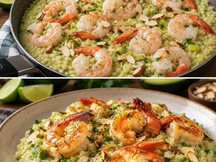 Risotto ai Gamberi con Crema di Avocado, Lime e Mandorle Croccanti