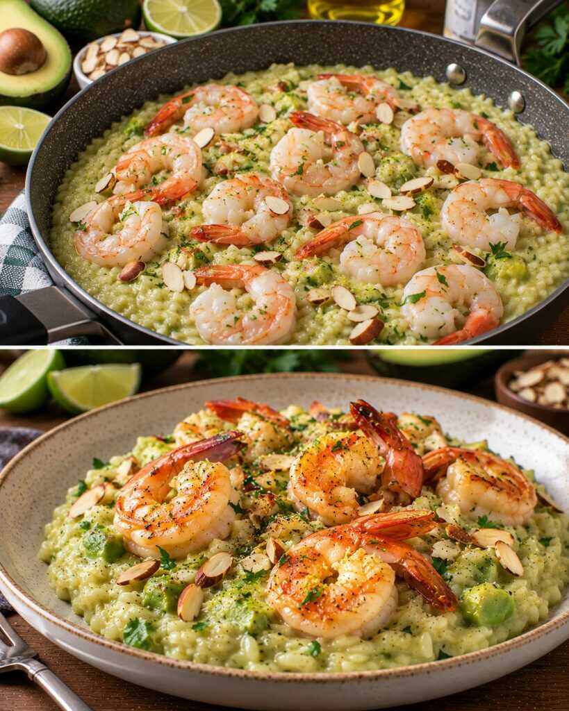 Risotto ai Gamberi con Crema di Avocado, Lime e Mandorle Croccanti