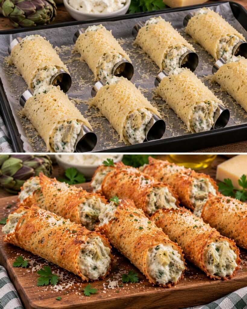 Cannoli Salati di Parmigiano con Crema di Carciofi e Ricotta