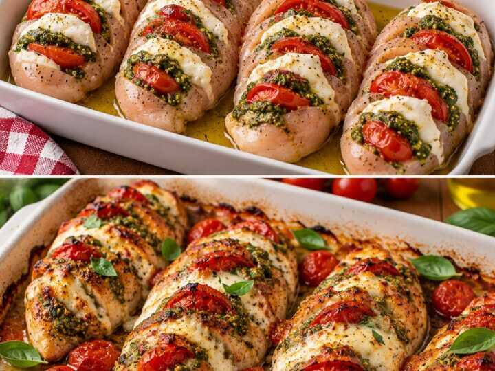 Pollo a Fisarmonica con Pesto di Basilico, Pomodorini e Burrata