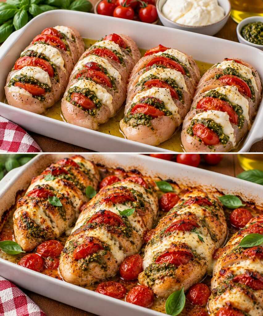 Pollo a Fisarmonica con Pesto di Basilico, Pomodorini e Burrata
