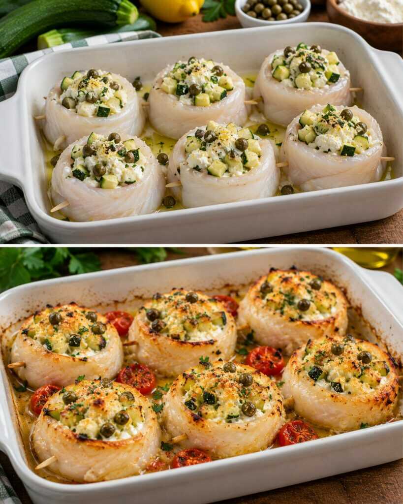 Nidi di Sogliola Ripieni di Zucchine, Ricotta e Capperi