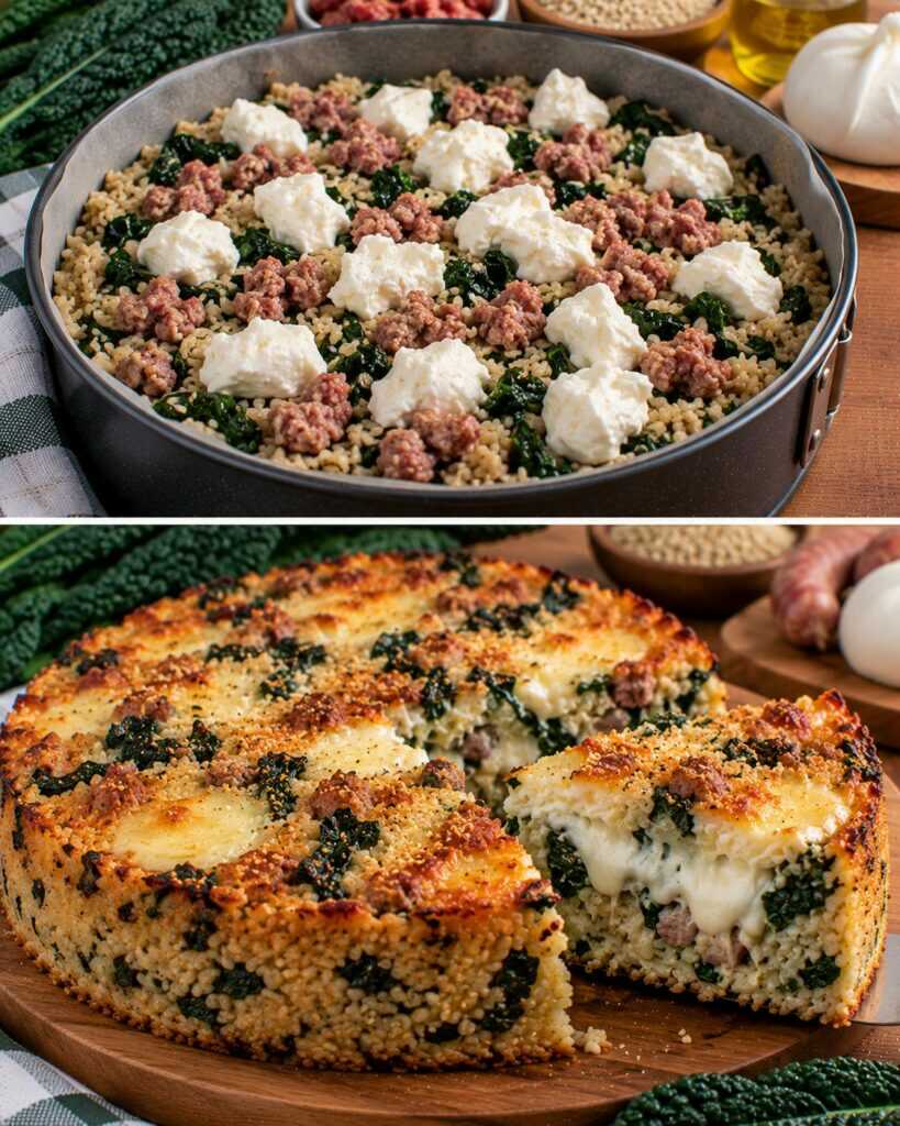 Sformato di Riso Integrale con Crema di Cavolo Nero, Salsiccia e Burrata