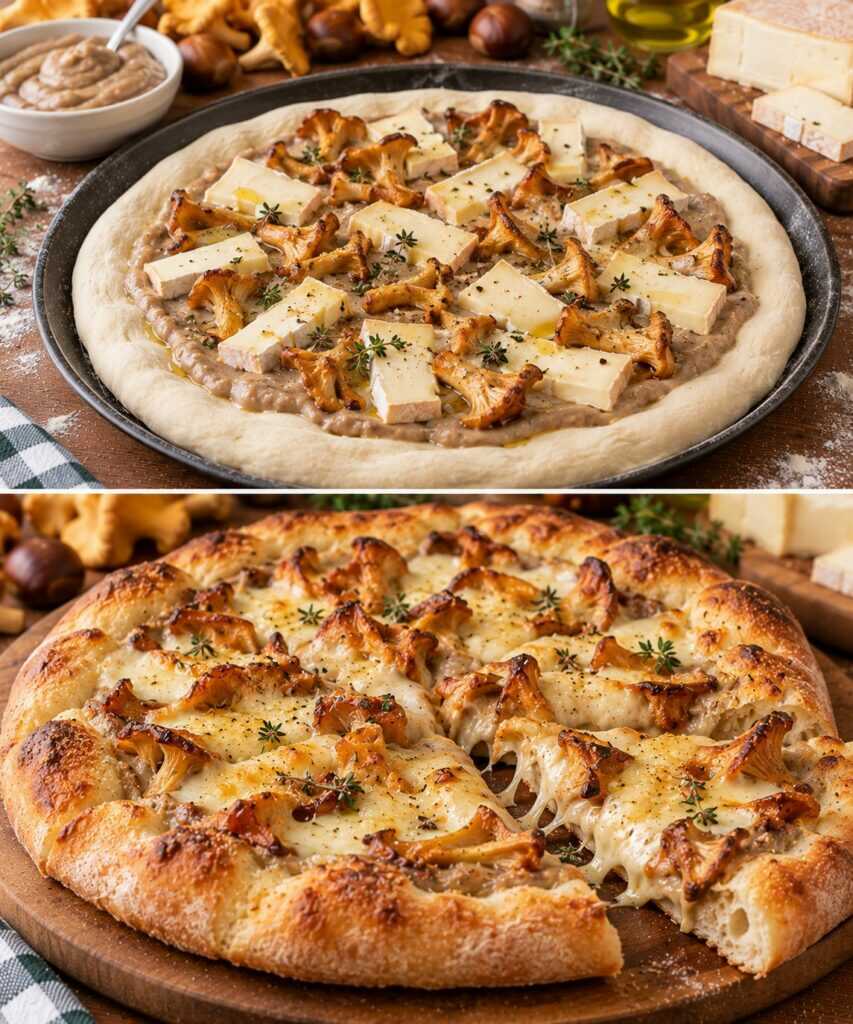 Pizza Bianca con Crema di Castagne, Funghi Finferli e Taleggio