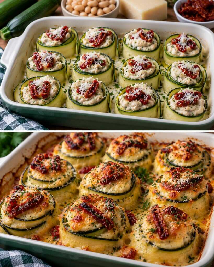 Zucchine a Rosellina con Crema di Cannellini, Pecorino e Pomodori Secchi