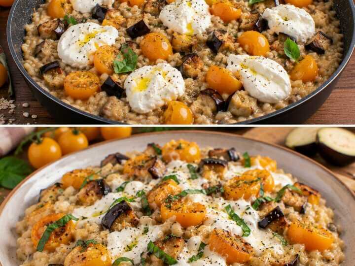 Orzotto con Crema di Melanzane Arrosto, Pomodorini Gialli e Burrata
