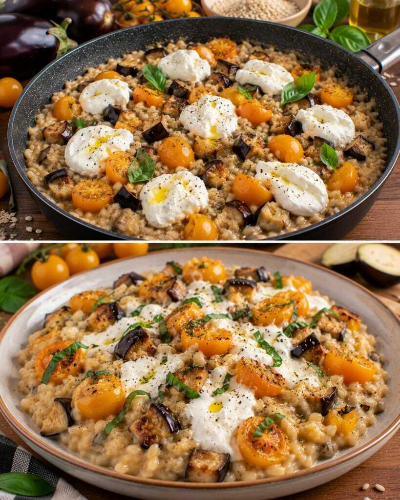 Orzotto con Crema di Melanzane Arrosto, Pomodorini Gialli e Burrata