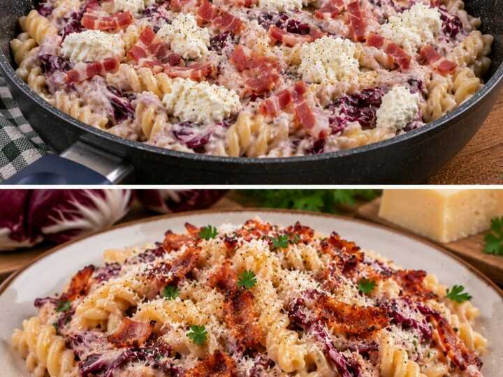 Fusilli Lunghi con Crema di Radicchio, Ricotta e Speck Croccante