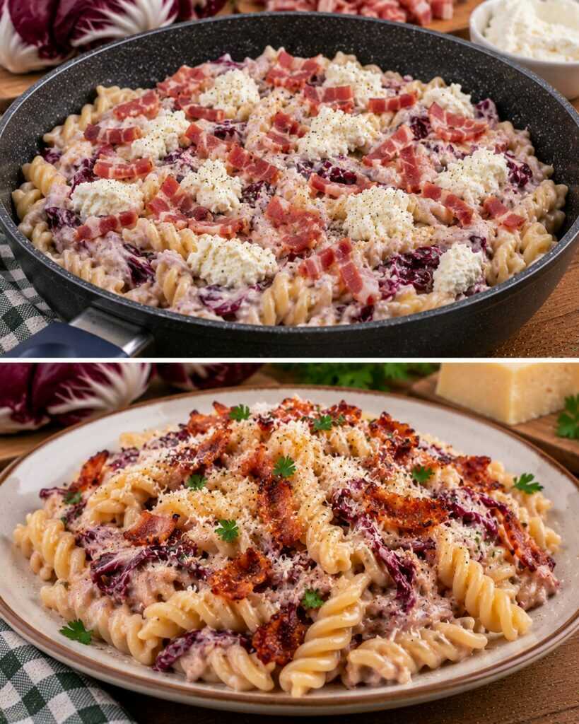 Fusilli Lunghi con Crema di Radicchio, Ricotta e Speck Croccante