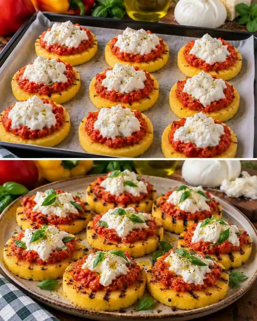 Dischetti di Polenta Grigliata con Crema di Peperoni e Burrata