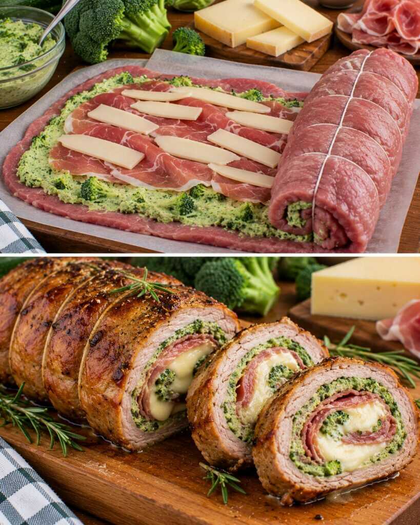 Rotolo di Vitello con Crema di Broccoli, Prosciutto Crudo e Montasio