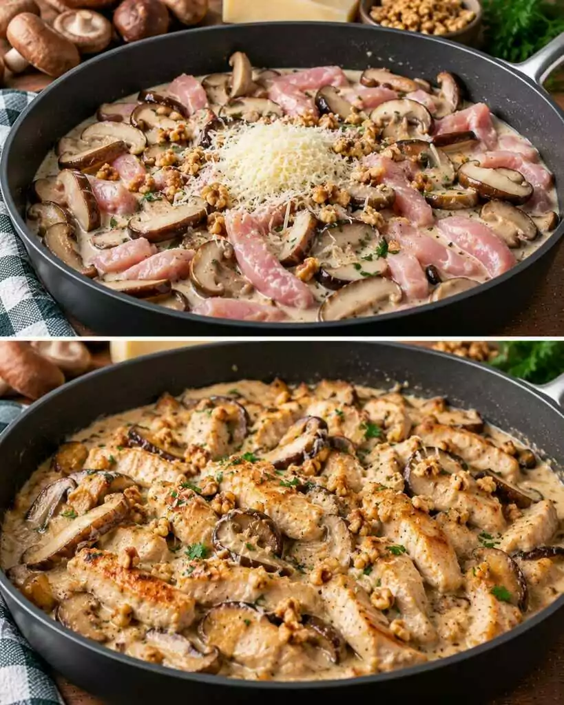 Straccetti di Tacchino con Crema di Funghi Shiitake, Parmigiano e Noci Tostate