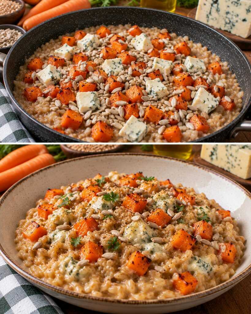 🥕 Farrotto Cremoso con Carote Arrosto, Gorgonzola e Semi di Girasole