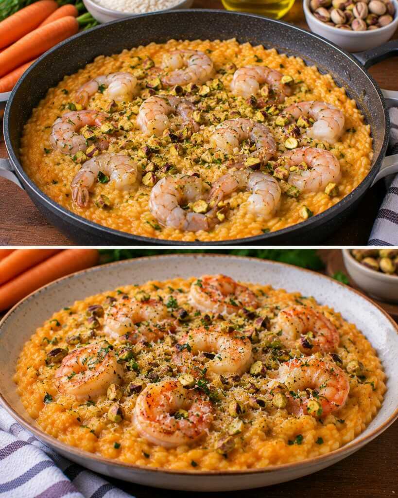 Risotto alla Crema di Carote Arrosto con Gamberi e Pistacchi Tostati