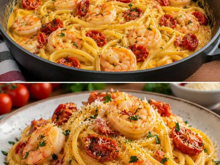 Linguine con Crema di Gamberi, Zafferano e Pomodorini Confit