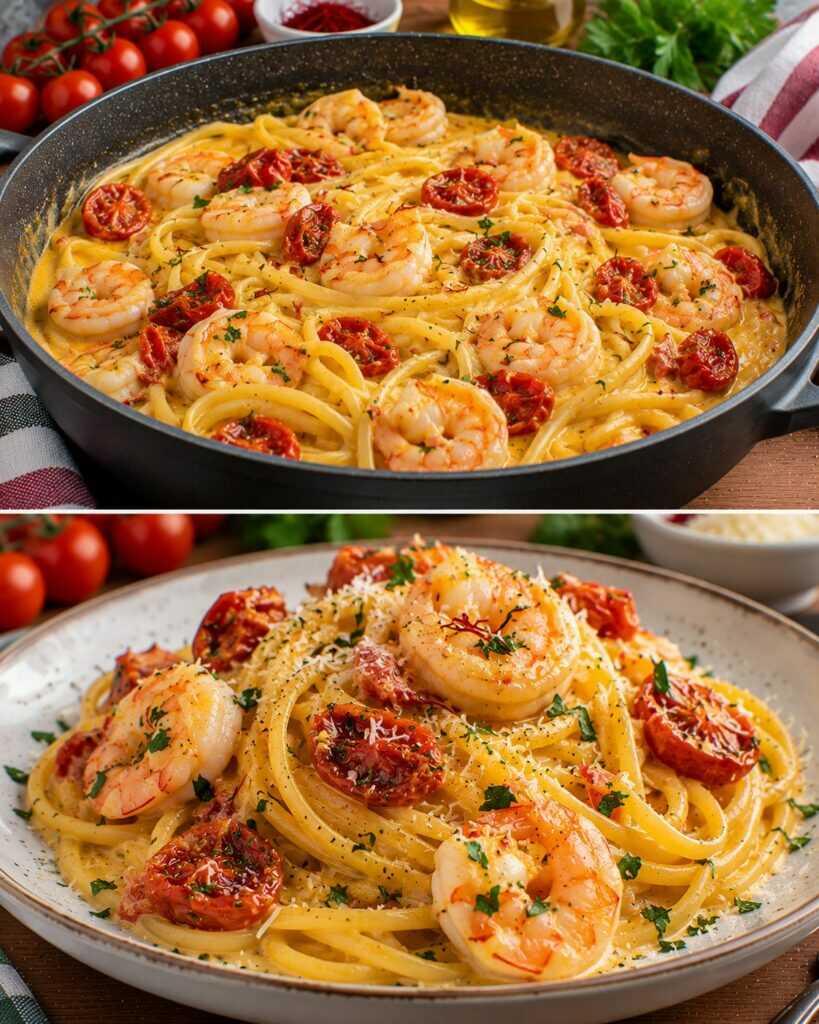 Linguine con Crema di Gamberi, Zafferano e Pomodorini Confit