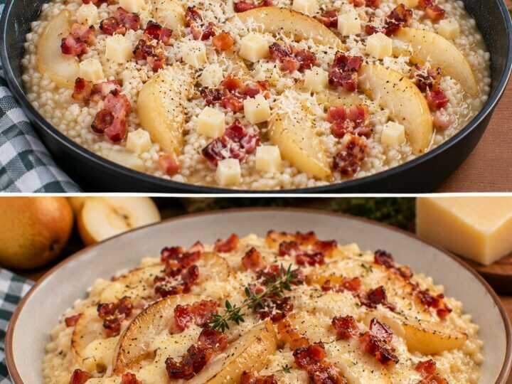 Risotto alle Pere Caramellate con Pancetta Croccante e Fonduta di Montasio