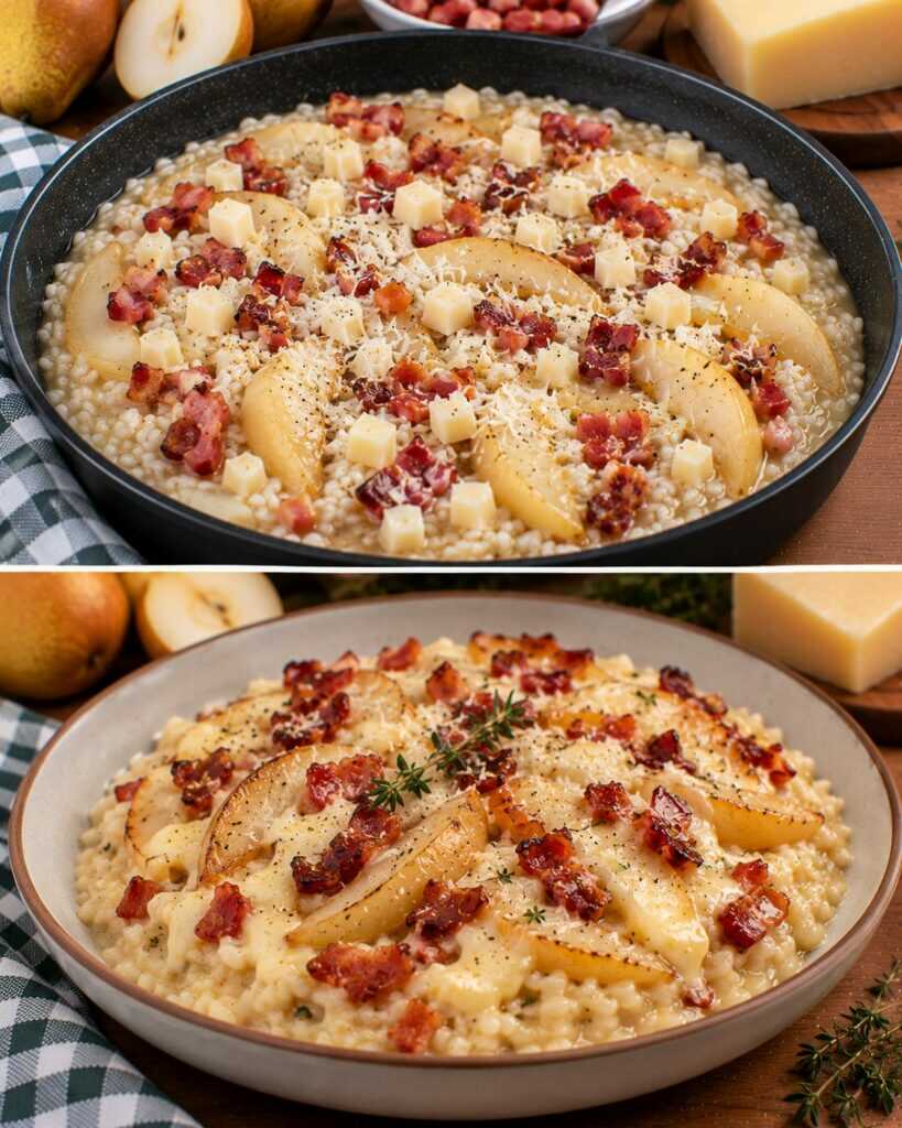 Risotto alle Pere Caramellate con Pancetta Croccante e Fonduta di Montasio