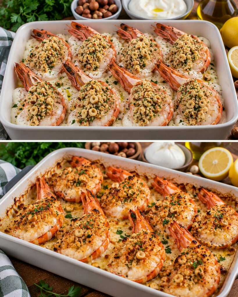 🍤 Gamberoni al Forno con Crosta di Nocciole e Crema di Burrata