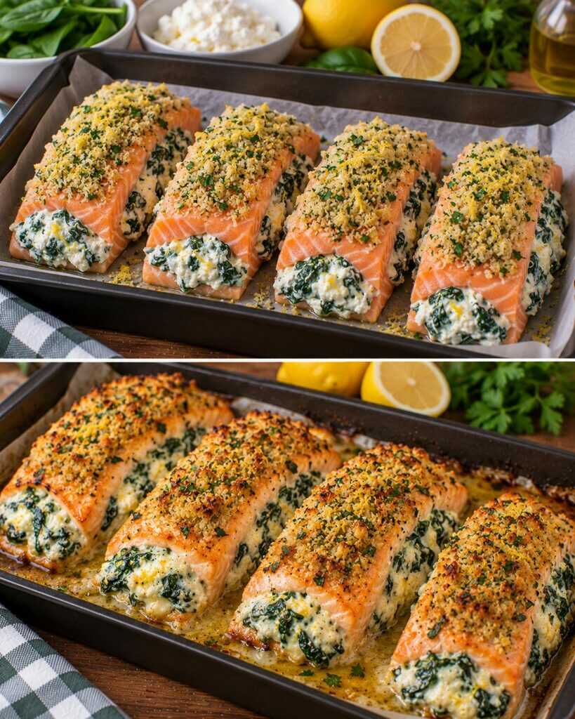 Salmone Ripieno di Ricotta, Limone e Spinaci con Crosta alle Erbe