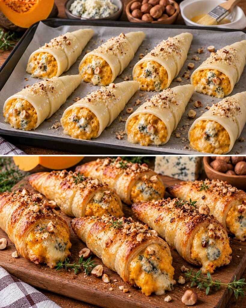Cannoli Croccanti di Pasta Brisée con Crema di Zucca, Gorgonzola e Nocciole