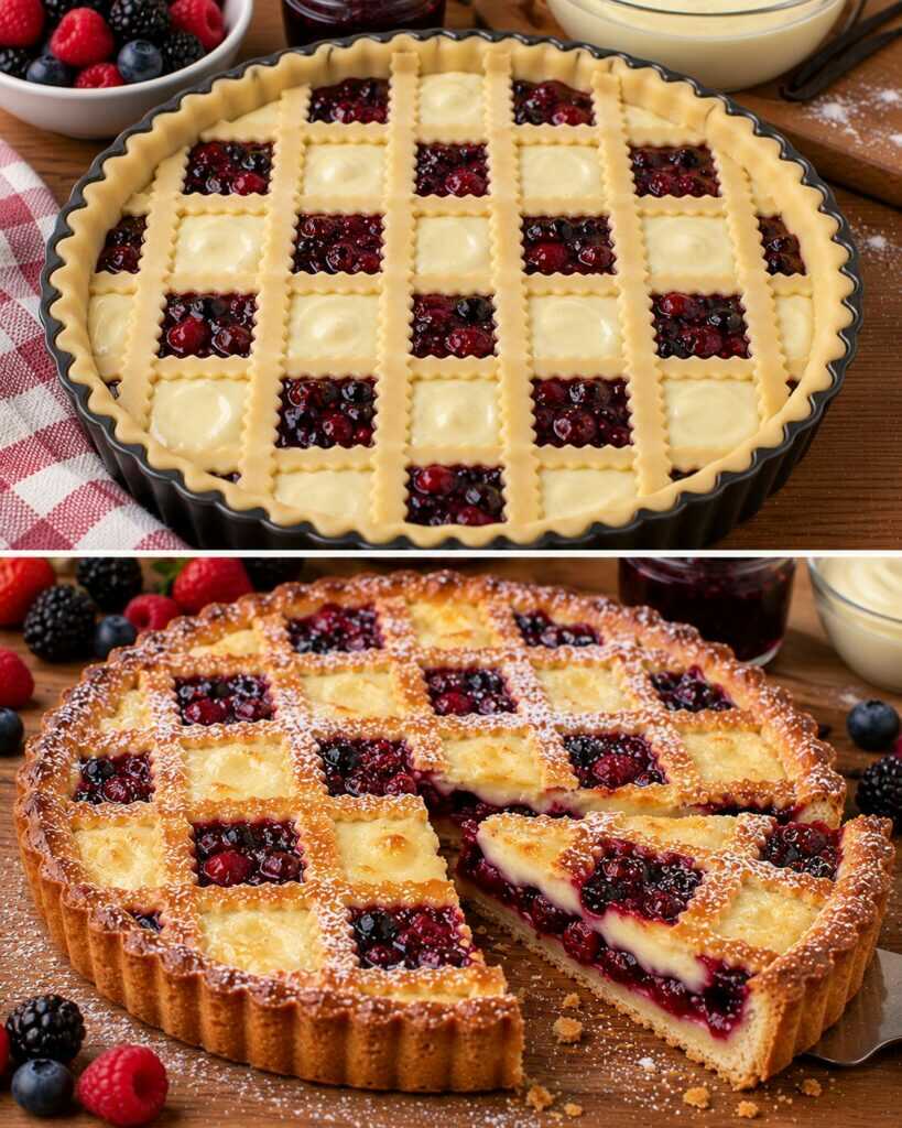 Crostata a Scacchi con Confettura di Frutti di Bosco e Crema al Latte