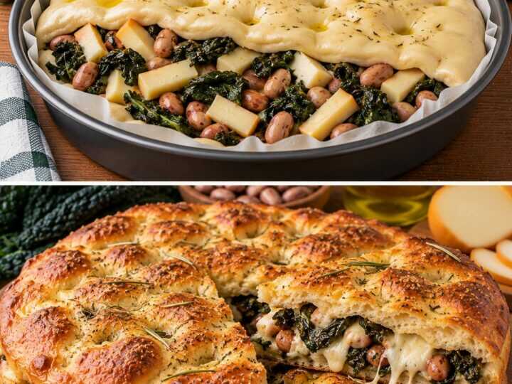 Focaccia Rustica con Cavolo Nero Stufato, Fagioli Borlotti e Scamorza Affumicata