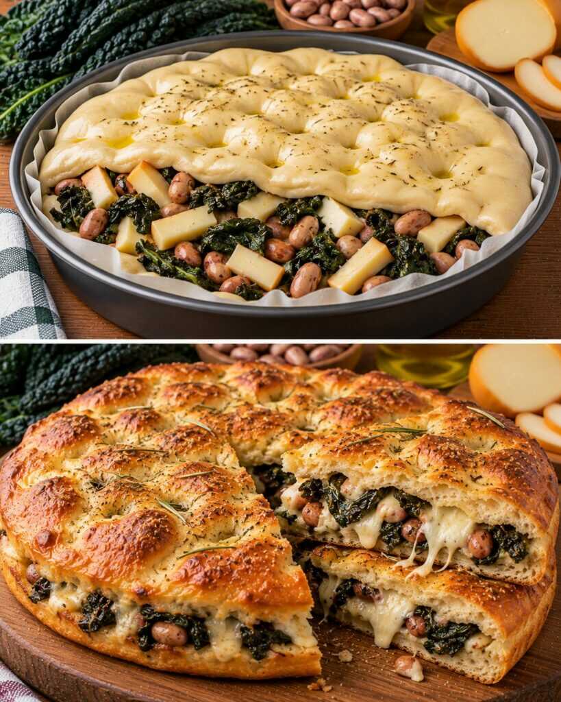 Focaccia Rustica con Cavolo Nero Stufato, Fagioli Borlotti e Scamorza Affumicata