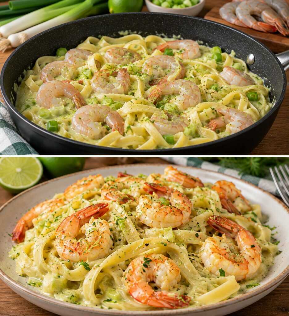 Fettuccine con Crema di Cipollotti, Gamberi e Scorza di Lime