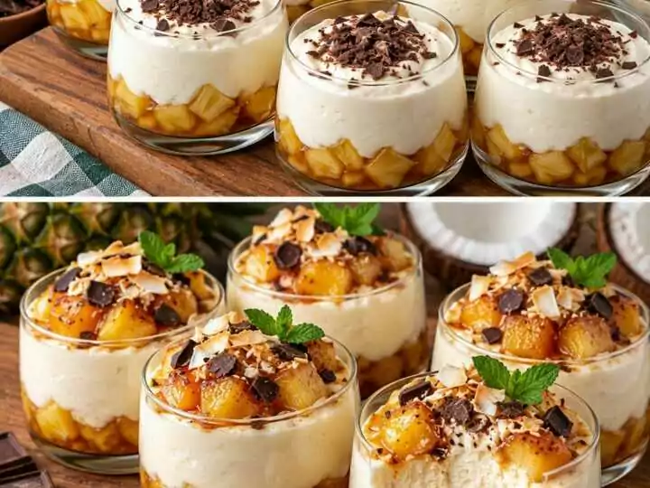 Mousse al Cocco con Ananas Caramellato e Scaglie di Cioccolato