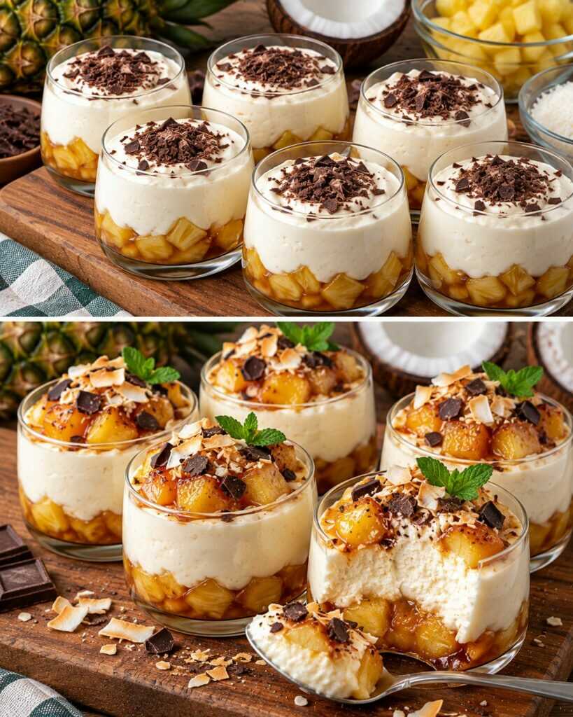Mousse al Cocco con Ananas Caramellato e Scaglie di Cioccolato