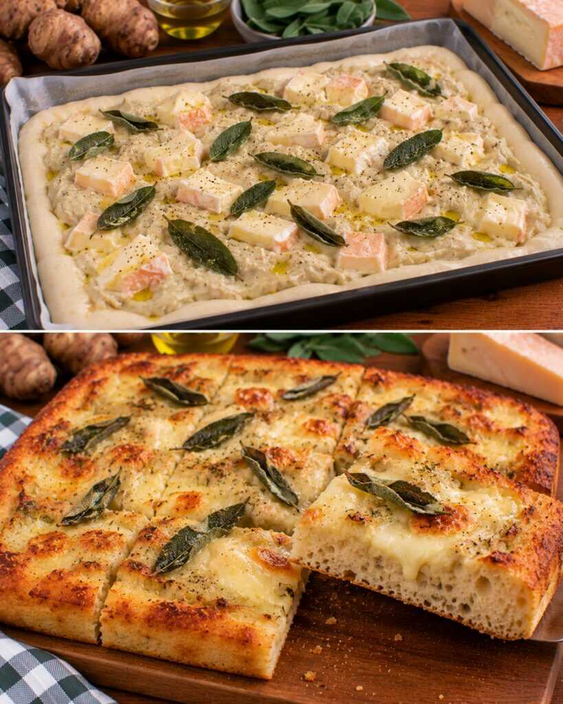 Pizza Bianca con Crema di Topinambur, Taleggio e Salvia Croccante