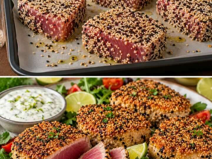 Cotolette di Tonno Fresco in Crosta di Sesamo con Salsa allo Yogurt e Lime