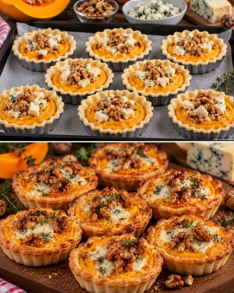 Tartellette Salate con Crema di Zucca, Gorgonzola e Noci Caramellate