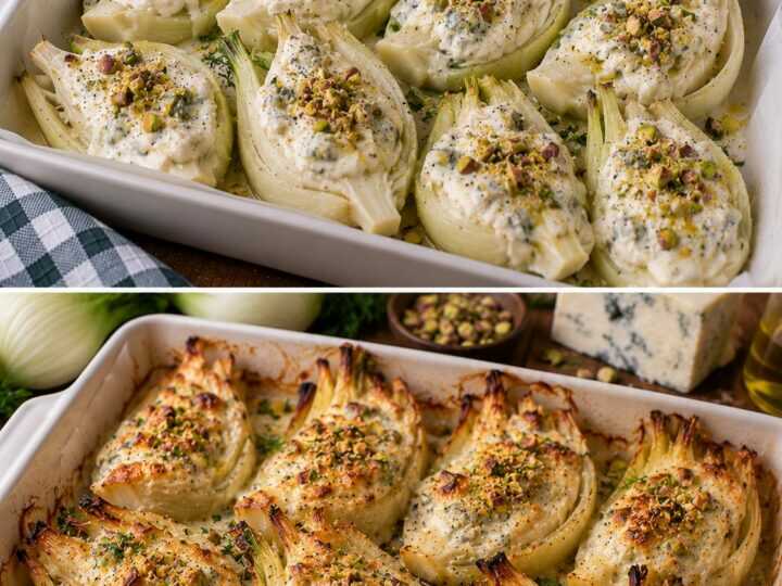Finocchi Arrosto con Crema di Gorgonzola e Granella di Pistacchi
