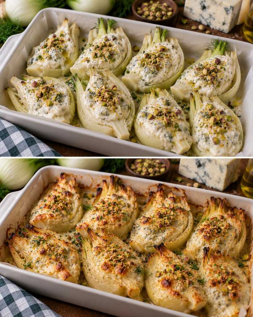 Finocchi Arrosto con Crema di Gorgonzola e Granella di Pistacchi