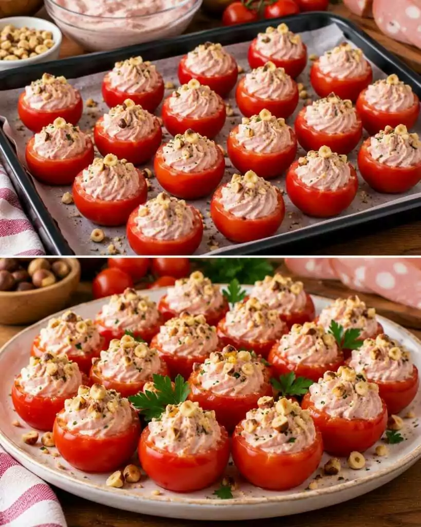 Pomodorini Ripieni di Mousse di Mortadella e Granella di Nocciole: Antipasto Fresco, Cremoso e Irresistibile