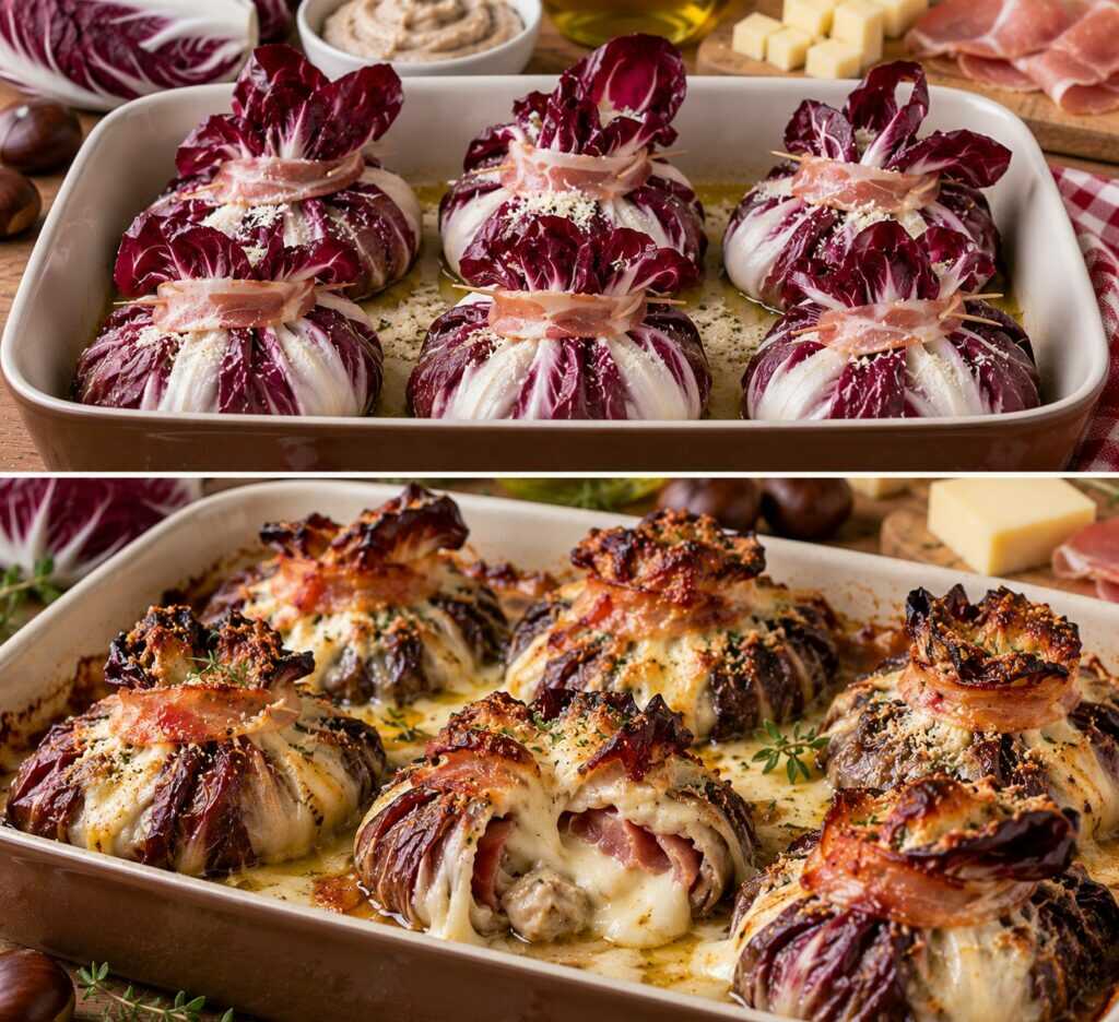 Fagottini di Radicchio con Crema di Castagne, Speck e Fontina