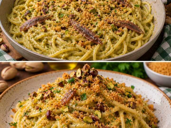 Spaghetti con Crema di Pistacchi, Acciughe e Mollica Croccante