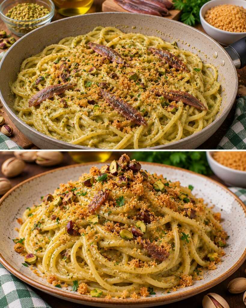 Spaghetti con Crema di Pistacchi, Acciughe e Mollica Croccante