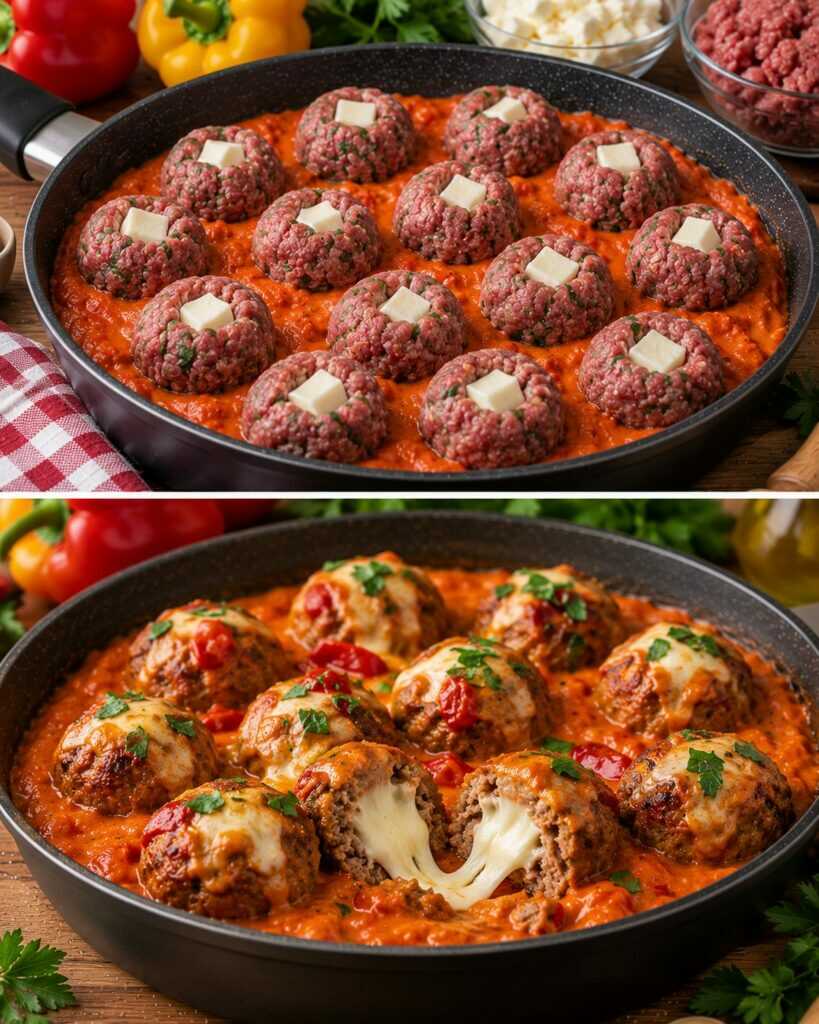 Polpette di Manzo con Crema di Peperoni e Cuore di Mozzarella